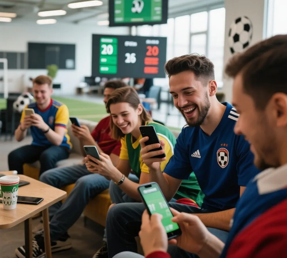 球迷以手機查看世界盃即時比分的情境示意
