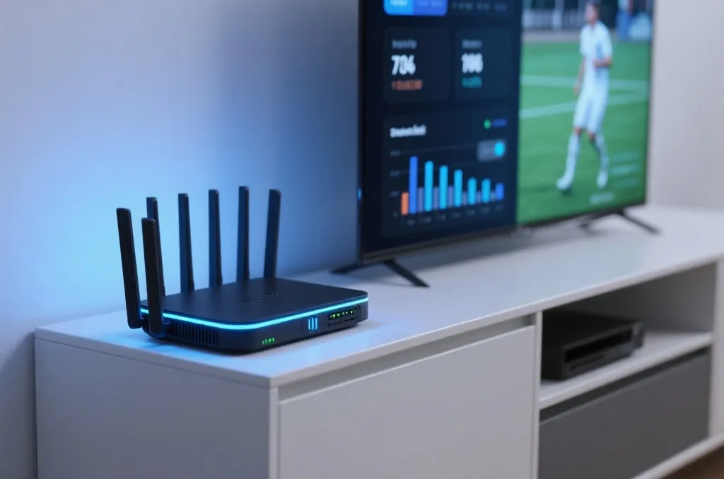 A high-speed internet router with glowing blue lights next to a smart TV displaying sports analytics charts